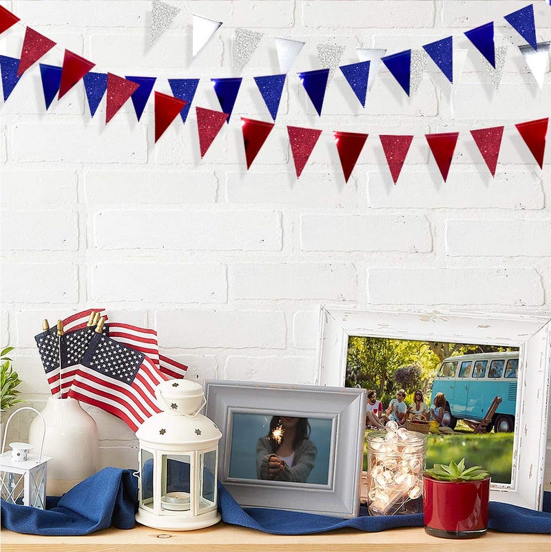 pinkblume 30 Ft Red Silver Blue Triangle Pennant Banner Bunting Hanging Paper Flag Garland for 4th of July American Independence Day USA National Day Patriotic Graduation Wedding Hen Party Decorations Supplies - Image 4